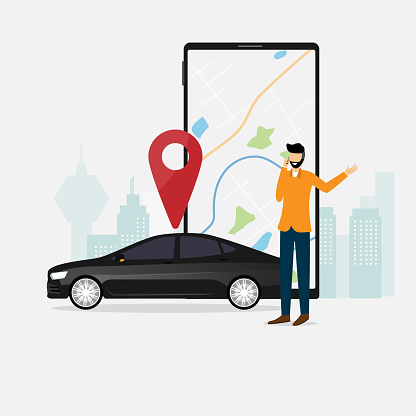 Online car rental service concept. Businessman is calling to order for rental car with giant smartphone and city background. Vector illustration in flat trendy style.